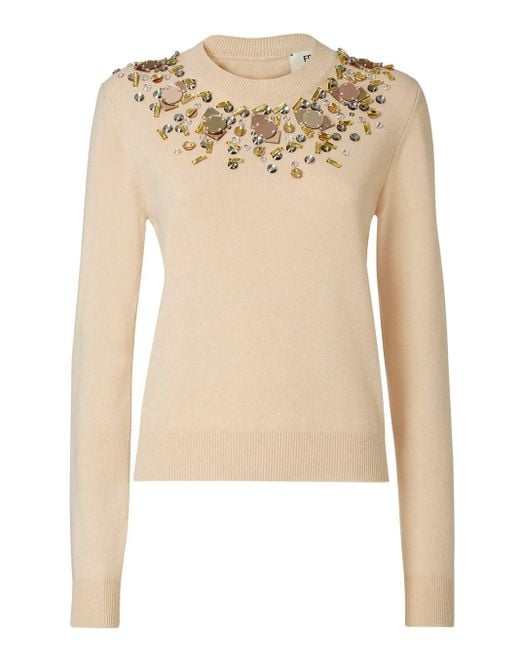 Fendi Natural Crewneck Rhinestone Sweater