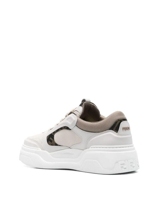 Fendi White Force Leather Sneakers With Ff Jacquard And Mesh Details for men