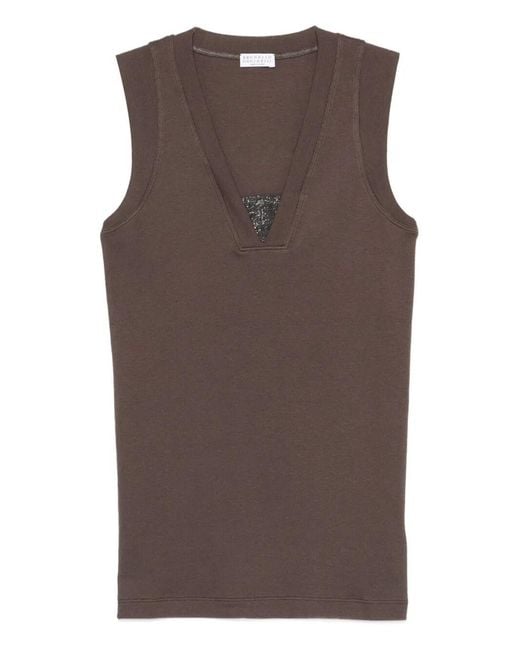 Brunello Cucinelli Brown Stretch Cotton Jersey Tank Top With Precious Faux-layering Clothing