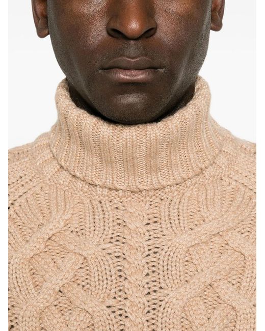 Brunello Cucinelli Natural Cable Knit Cashmere Sweater With High Collar for men