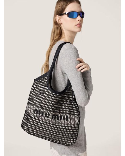 Miu Miu Ivy Raffia-effect And Linen Bag in Black | Lyst