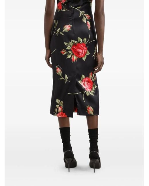 Dolce & Gabbana Red Satin Sheath Dress With Bouquet Roses Print