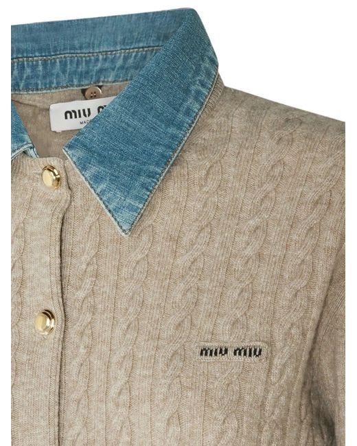 Miu Miu Natural Denim-Collar Cable-Knit Cashmere Cardigan