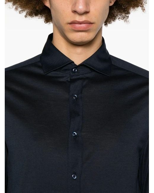 Brunello Cucinelli Blue Silk And Cotton Jersey Shirt With Spread Collar for men
