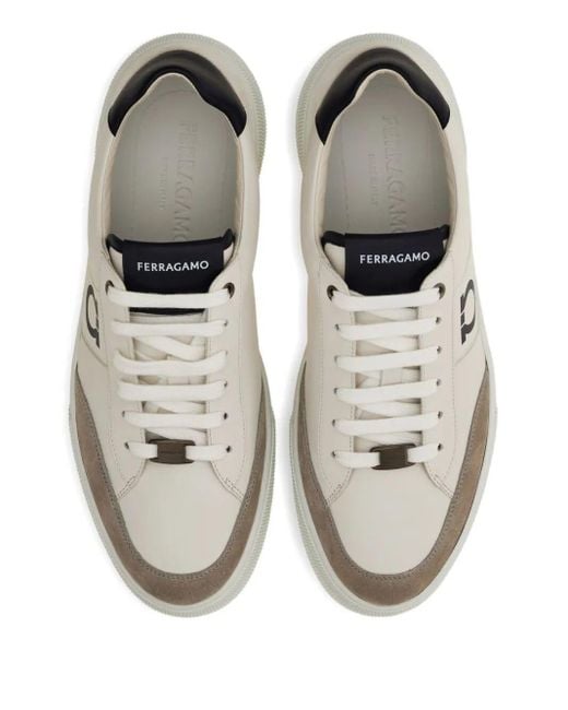 Ferragamo White Alaska Leather And Suede Sneaker With Gancini Detail Shoes for men