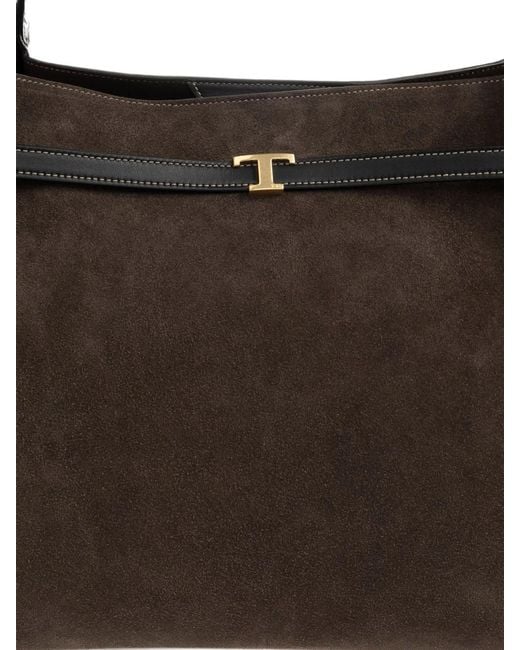 Tod's Black Medium Suede Leather T Signature Shopping Bag