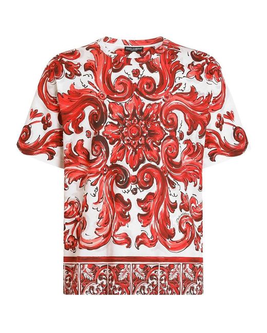 Dolce & Gabbana Red Dolce & Gabbana Majolica-Print Cotton T-Shirt for men