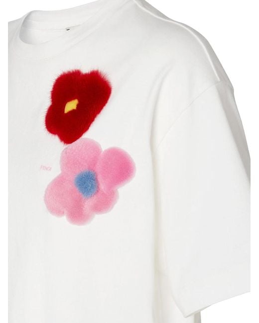Fendi White Jersey T-Shirt With Sunny Side Flowers Mink Brooches