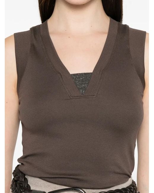 Brunello Cucinelli Brown Stretch Cotton Jersey Tank Top With Precious Faux-layering Clothing