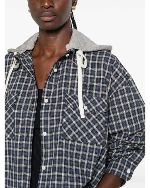 Miu Miu Gray Check-Pattern Hooded Shirt