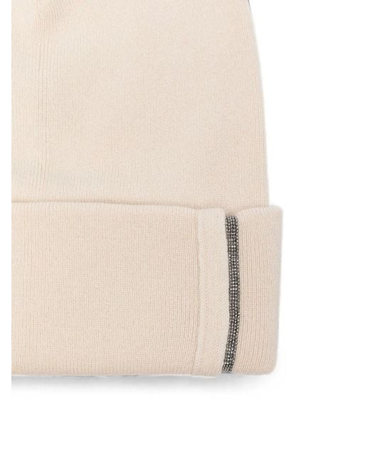 Brunello Cucinelli Natural Ribbed Cashmere Beanie With Embellishment