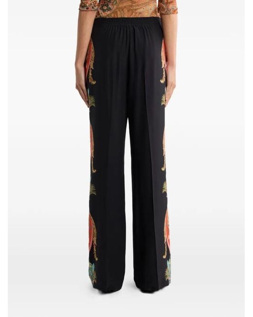 Etro Black Palazzo Pants In Silk With Paisley Foliage Print