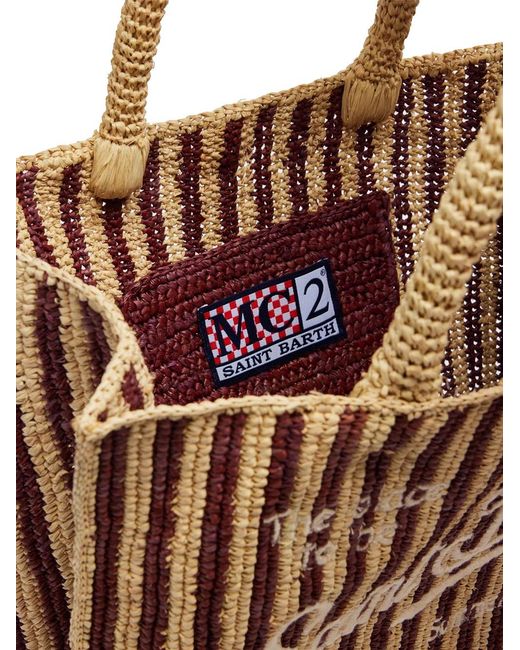 Mc2 Saint Barth White Colette Bag In Brown Striped Raffia With Embroidered L