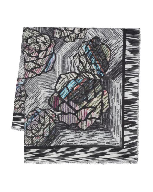 Missoni Gray Fringed Floral Scarf Accessories