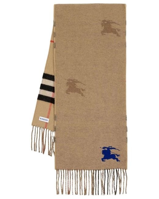 Burberry Natural Reversible Cashmere Check Scarf With Equestrian Knight
