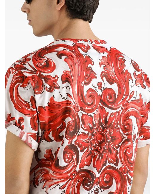 Dolce & Gabbana Red Dolce & Gabbana Majolica-Print Cotton T-Shirt for men