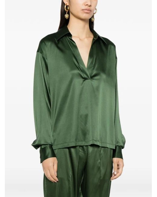 Tom Ford Green Stretch Silk Satin Polo With Tonal Tf Embroidered Logo