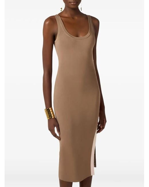 Elisabetta Franchi Brown Sleeveless Knit Midi Dress With Shiny Viscose Bands