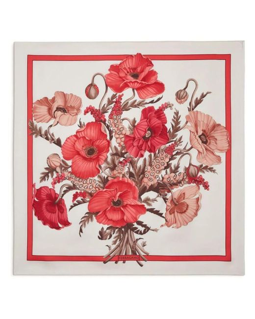 Ferragamo Red Poppy Print Silk Scarf