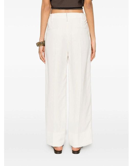 Brunello Cucinelli White Viscose And Linen Fluid Twill Cigarette Trousers With Monili