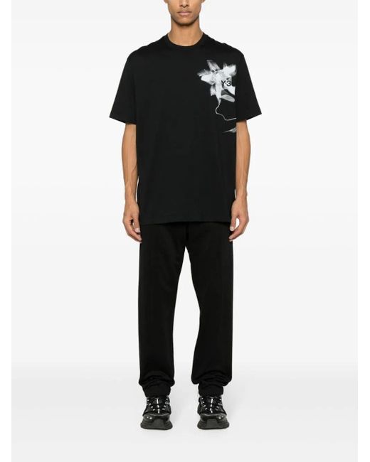 T-shirt nera stampa fiore di Y-3 in Black da Uomo