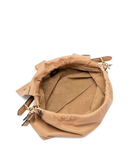 Fendi Brown Mini Leather Bag With Ff Closure And Drawstring Design (W 31.5 X H 22 X D 12 Cm)