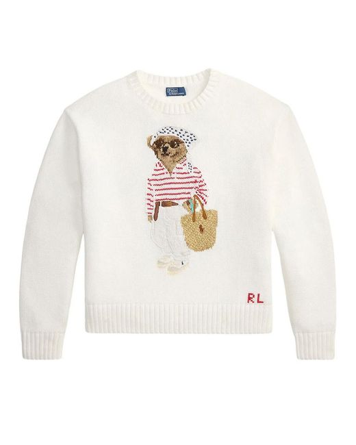 Polo Ralph Lauren White Polo Bear Crewneck Cotton Jumper