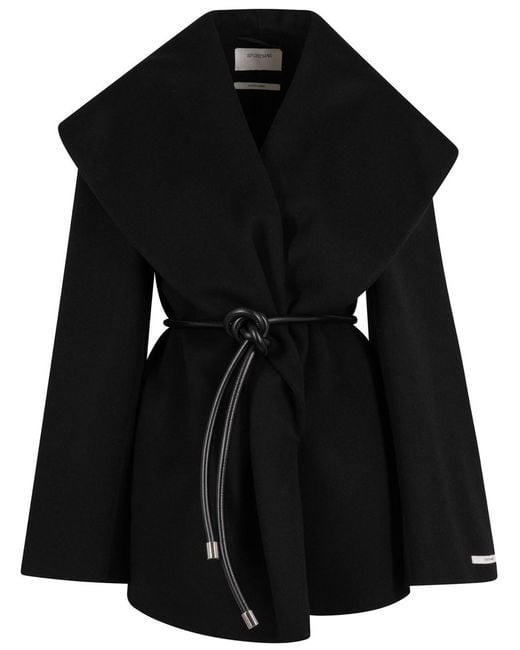 Sportmax Black Wrap Coat In Wool With Leather Belt