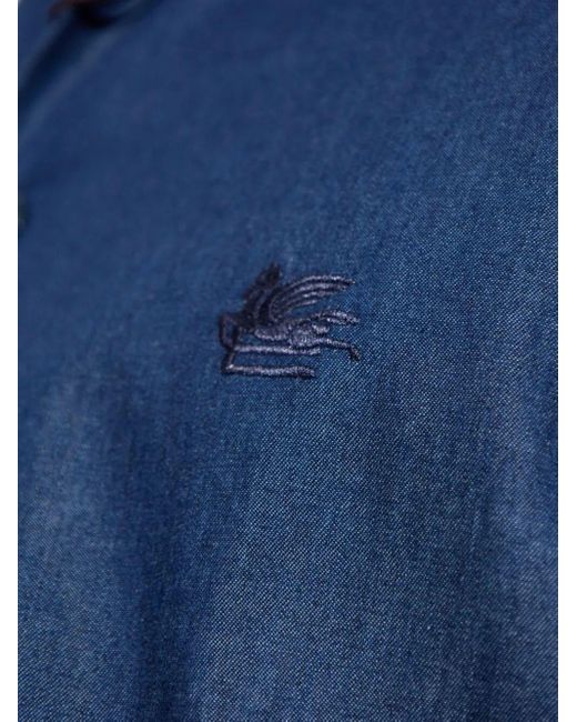 Etro Blue Embroidered Cotton Shirt for men