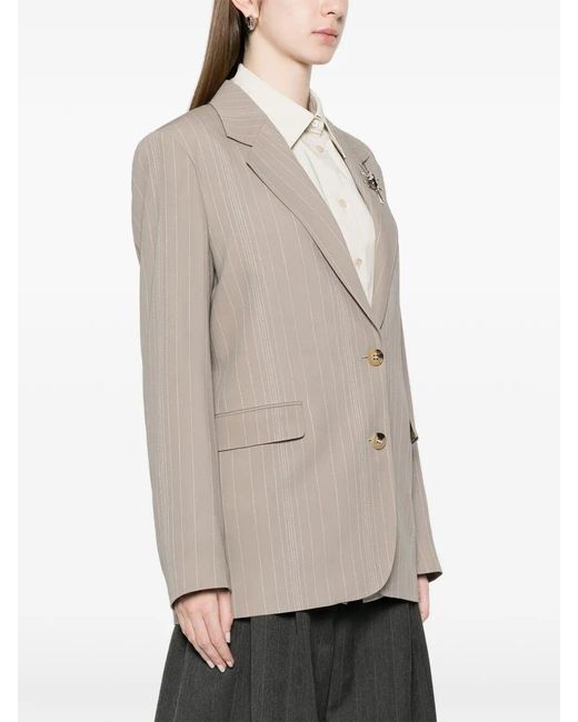 Golden Goose Deluxe Brand Natural Pinstripe Oversized Wool Blend Blazer With Broche