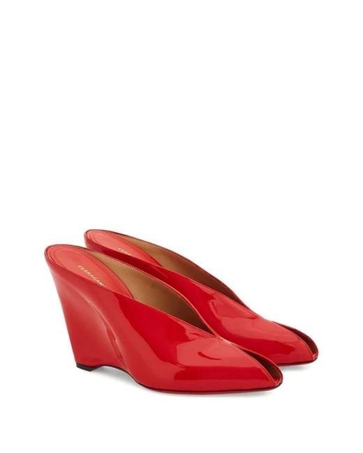 Ferragamo Red Alicia 95 Peep Toe Patent Leather Mule Shoes