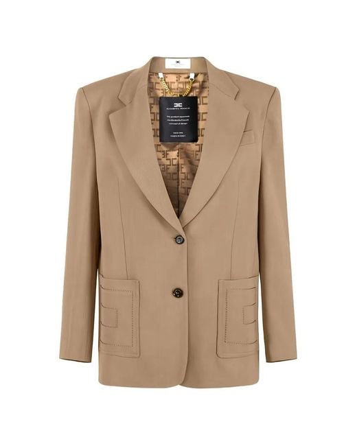 Elisabetta Franchi Natural Single-Breasted Gabardine Blazer With Embroidered Pockets