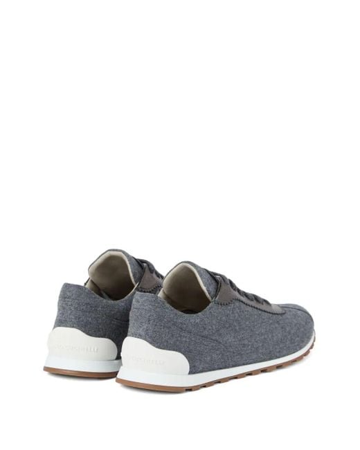 Brunello Cucinelli Gray Virgin Wool Flannel And Lamé Calfskin Runners With Monili Shoes