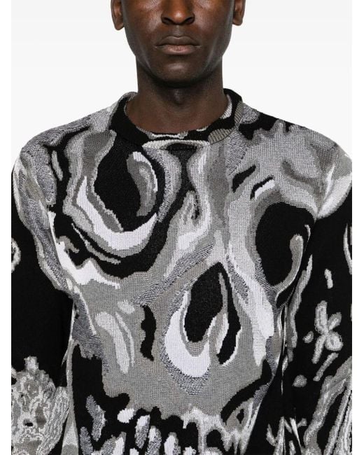 Alexander McQueen Gray Skull Jacquard Crewneck Sweater for men