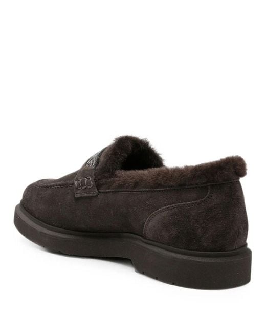 Brunello Cucinelli Black Suede Penny Loafers With Shearling Lining And Precious Insert