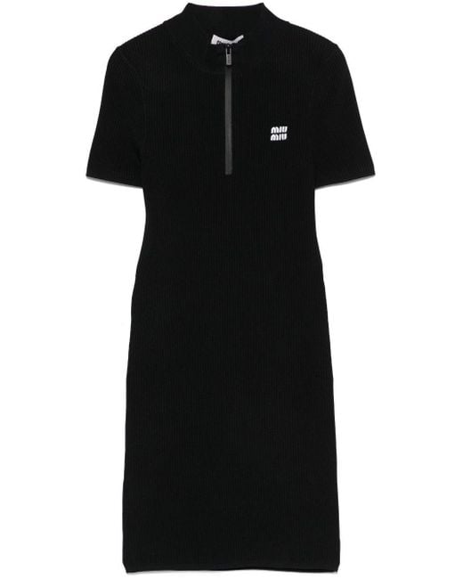 Miu Miu Midweight Knit Ribbed Mini Dress in Black | Lyst
