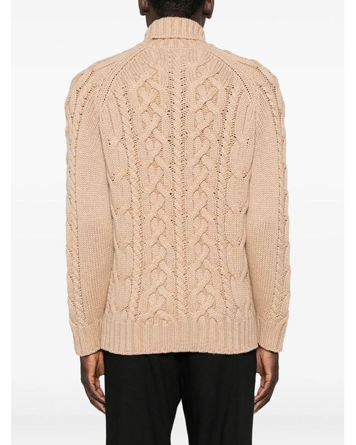 Brunello Cucinelli Natural Cable Knit Cashmere Sweater With High Collar for men