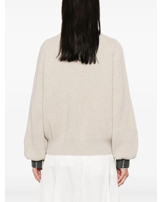 Brunello Cucinelli Natural Ribbed Sweater With Jewel Cuffs