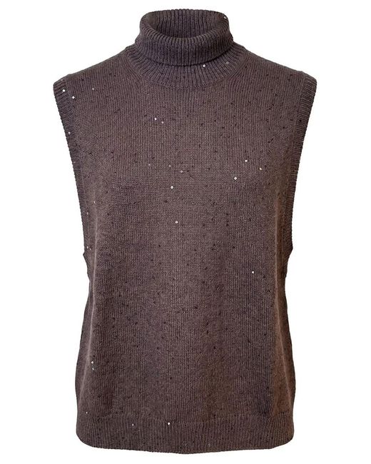Brunello Cucinelli Brown High Neck Sleeveless Top