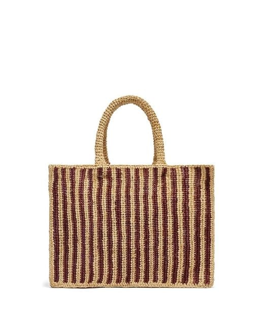 Mc2 Saint Barth White Colette Bag In Brown Striped Raffia With Embroidered L