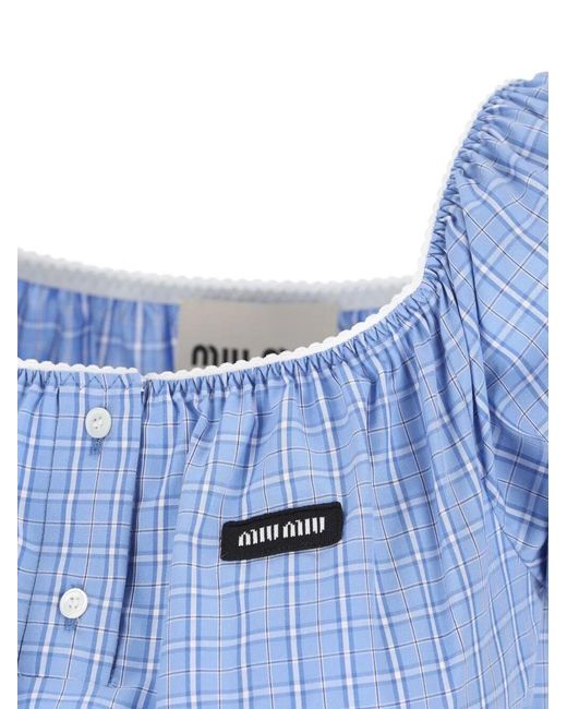 Miu Miu Blue Plaid-Pattern Popeline Mini Dress