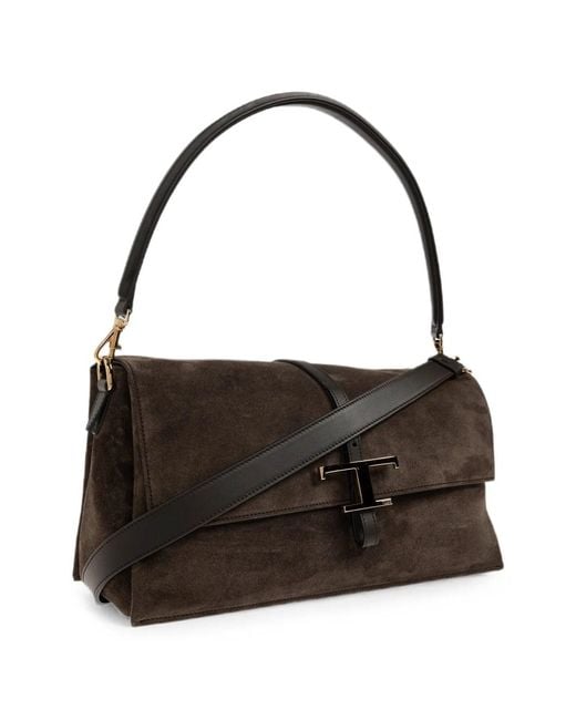 Tod's Black Small Flap T Timeless Suede Bag