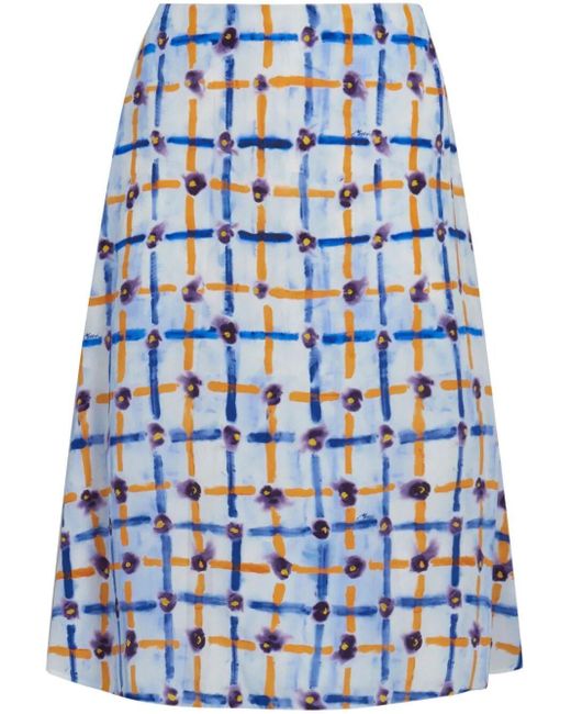 Marni Blue Graphic-print Silk Midi Skirt