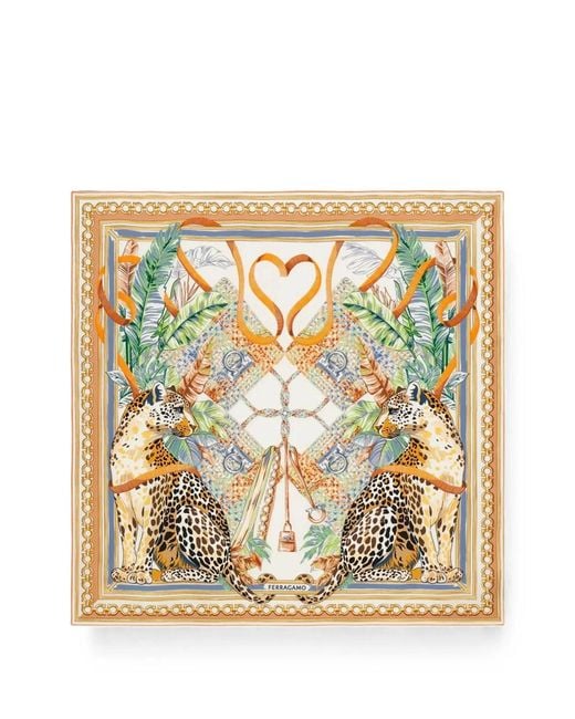 Ferragamo Metallic Poised Leopards-Print Silk Scarf