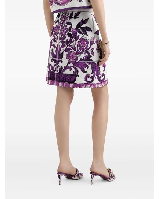 Dolce & Gabbana Purple Majolica Cotton And Linen-Blend Miniskirt