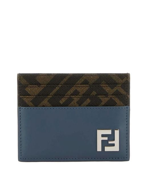 Fendi Blue Leather And Ff Canvas Squared Card Holder for men