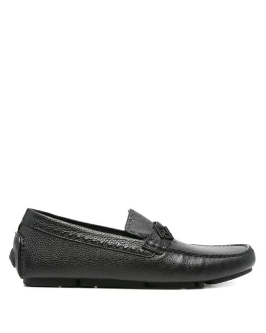 Fendi Black Leather Logo-Plaque Loafers for men