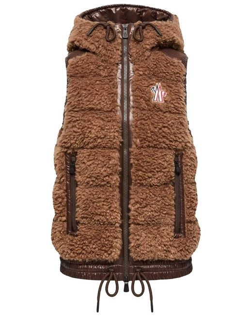 Moncler Brown "Grenoble" Gilet "Isolante" Con Cappuccio Stile Teddy