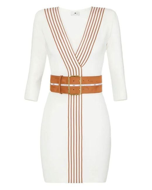 Elisabetta Franchi White Knit Fabric Dress With Striped Bands