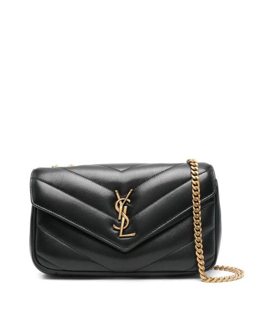 Saint Laurent Black Small Loulou Chevron Logo-Plaque Shoulder Bag